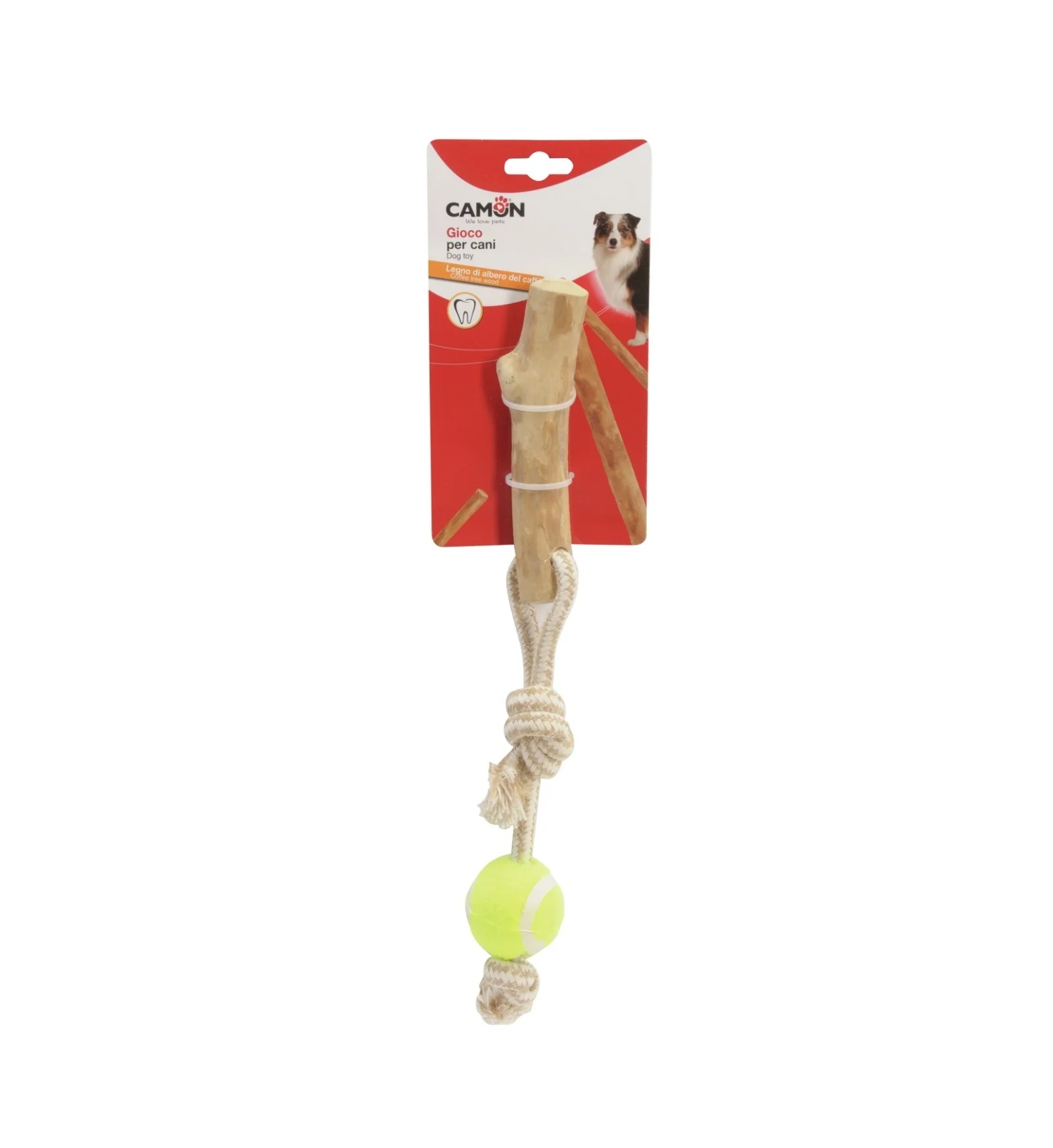 CAMON CANE GIOCO CORDA CON LEGNO DI CAFFE' E PALLA DA TENNIS 2 / 3 CM 12 /15 CM